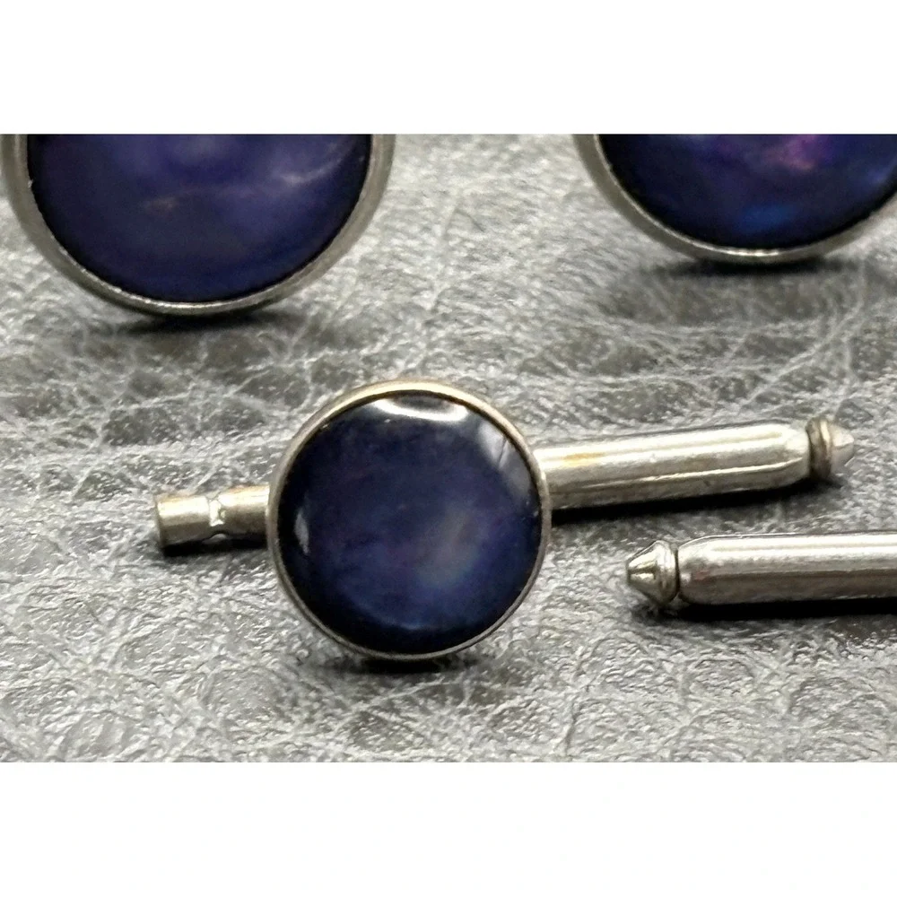Vintage Silver Tone Moonglow Blue Cabochon Cufflinks Studs Cuff Button Set